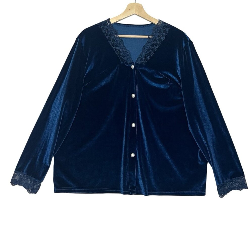 Velvet Shirt Size 2XL Pearl Buttons Blue Lace V Neck Y2K Whimsigoth Fairy Women
